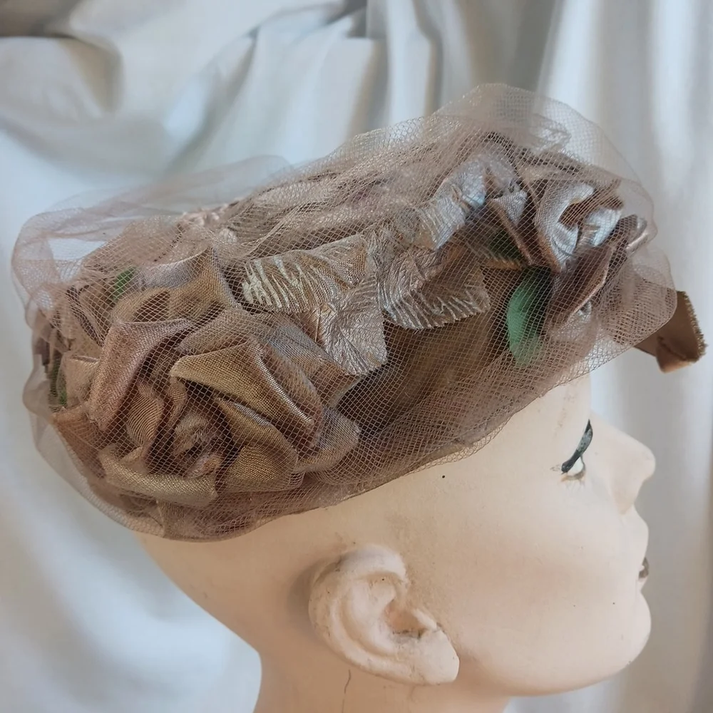 Vintage Hat Taupe Roses Velvet Bow Tulle Metal Band Small